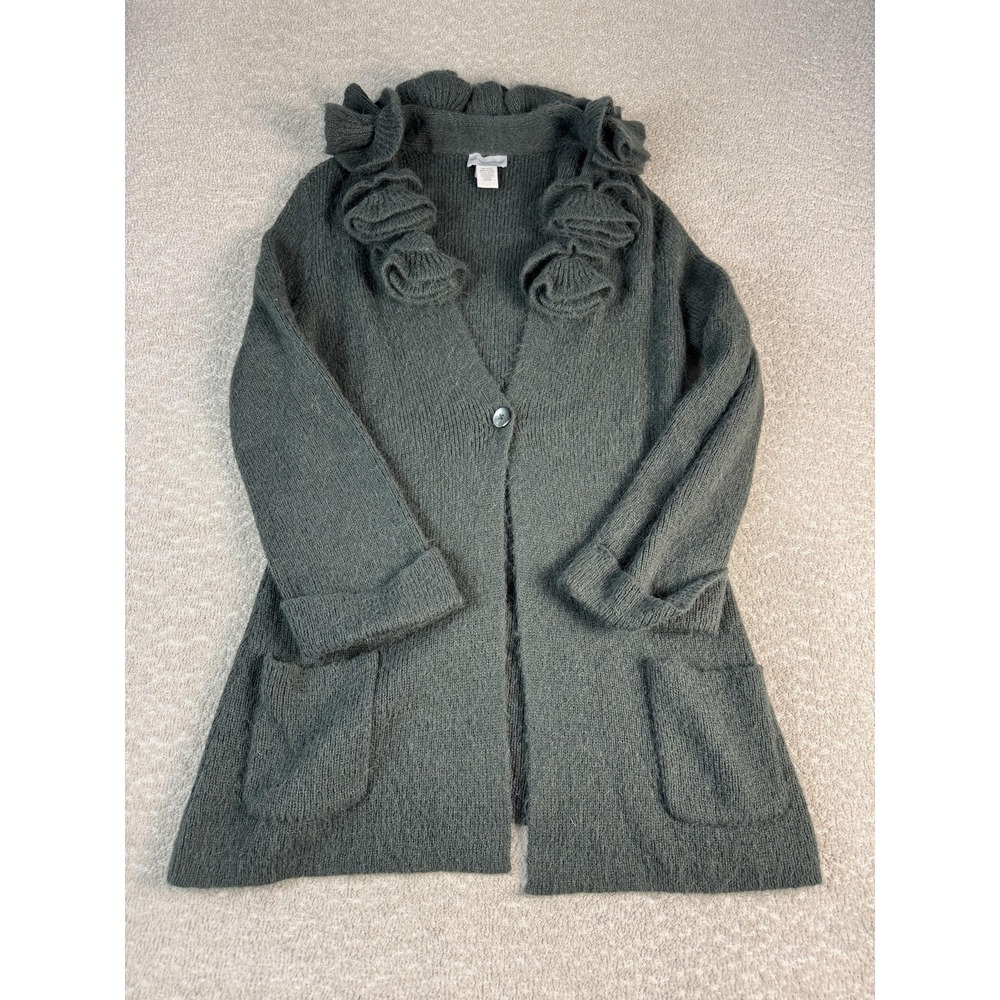 Soft Surroundings Cardigan Womens Medium Green Ruffle Collar Alpaca Wool Pockets